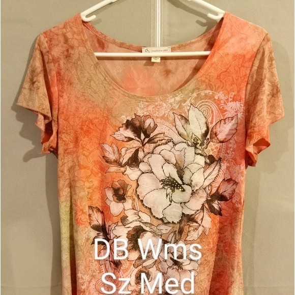 DB Established 1962 Peach Silky Floral Bell Sleeve Blouse wms Sz Med - Picture 3 of 13